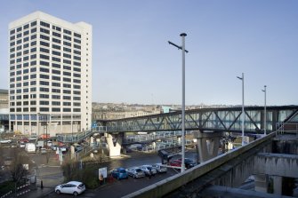 View looking NNE from the elevated platform of the Olympia Centre to Tayside House and the footbridge linking the two