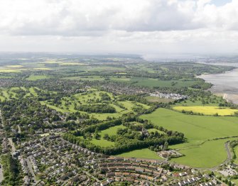 General oblique aerial view of Cramond centred on Bruntsfield Golf Course, taken from the E.