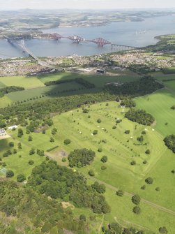 Oblique aerial view of Dundas Park Golf Course with the Forth Rail and Road Bridges beyond, taken from the SSW.