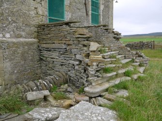 Detail of entrance staircase on south elevation of Hall of Clestrain House, Orkney.