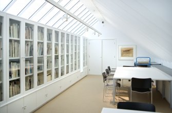 Interior view of top floor reference library at The Pier Arts Centre.