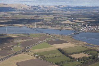 General oblique aerial view of Kincardine on Forth with The Ochils beyond, taken from the S.