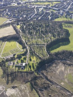 General oblique aerial view of Camelon Cemetery and Crematorium, taken from the N.