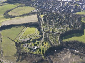 General oblique aerial view of Camelon Cemetery and Crematorium, taken from the NNW.