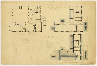 Floor plans for Ground, 1st floor, Attic and Roof  showing lighting etc in red ink . Includes pencil alterations and calculations.
Title: Sandford St Fort for W G H Walker Esq, Floor Plans