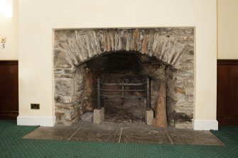 Interior. Detail view of fireplace at west end of Breadalbane Room.