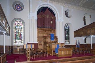 Interior. View of altar table, pulpit and organ