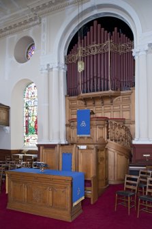 Interior. View of altar table, pulpit and organ