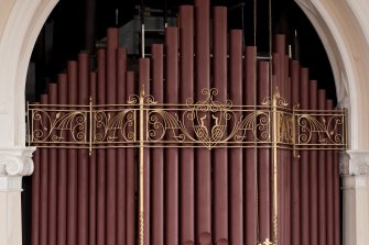 Interior. Detail of decoration on organ pipes