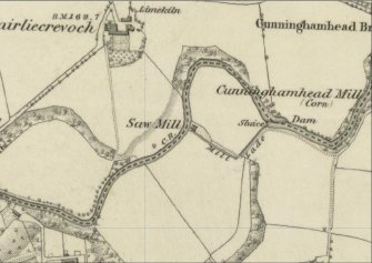 1st Ed. OS Map. 1858-60 map showing location of Corn Mill and Saw Mill (Ayrshire, 1860, sheet xvii)