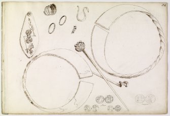 Annotated drawing of silver hoard from Norrie's Law, c1832.
Opposite page Inscribed: 'Various articles of fine silver and massive found under a Cairn at Largo, Fifeshire with 4 Roman coins'.