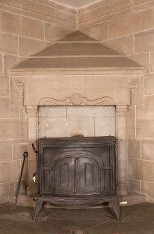 Interior. Ground floor, hall, detail of fireplace in south east orner