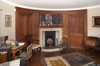 Interior. Ground floor, Sir Andrew's room, view from south showing curved doors and fireplace