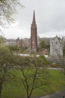 View from Union Terrace street level looking north east across gardens to Triple Kirks and the Belmont Cinema.