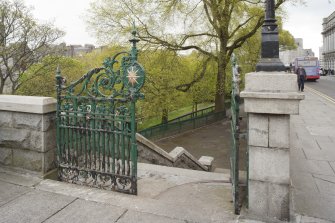 View of wrought iron gates at the Union Terrace entrance into gardens.