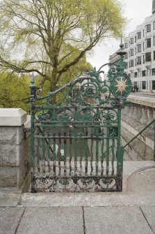 View of wrought iron gate at the Union Terrace entrance into gardens.