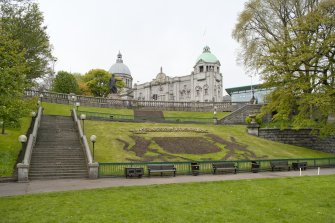 View across Union Terrace Gardens towards His Majesty's Theatre showing steps and heraldic floral feature, taken from the south east.