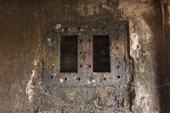 Interior. Spinning mill, 4th floor, main room, detail of opening in wall for drive shafts