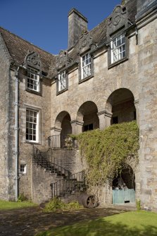 View of loggia and staircase on west facade