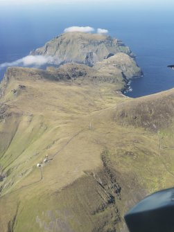 General oblique aerial view of St Kilda, centred on Gleann Mor and the island of Soay, taken from the ESE.