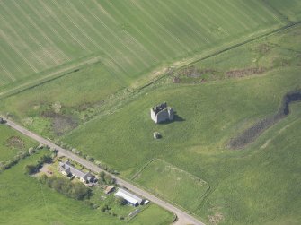 Oblique aerial view of Lordscairnie Castle, taken from the ENE.