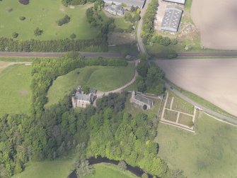 Oblique aerial view of Dairsie Castle, taken from the ESE.