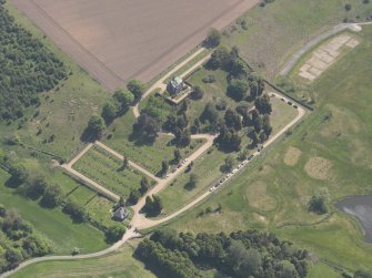 Oblique aerial view of Vicarsford Cemetery, taken from the WNW.