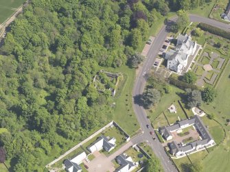 Oblique aerial view of Ballumbie Castle, taken from the SW.