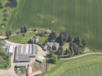 Oblique aerial view of Pitcur Castle, taken from the NW.