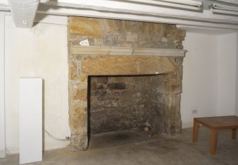 Interior, detail of fireplace,street level main room, NE house