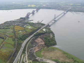 General oblique aerial view of the Forth bridges and the new crossing works site, taken from the WNW.