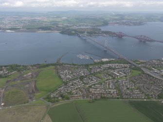 General oblique aerial view of the new Forth crossing works site, taken from the SSE.