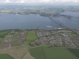 General oblique aerial view of the new Forth crossing works site, taken from the SE.