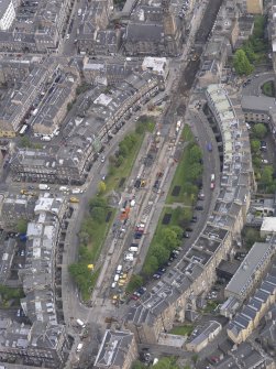 Oblique aerial view of the Edinburgh Tram Works on Shandwick Place, taken from the SW.