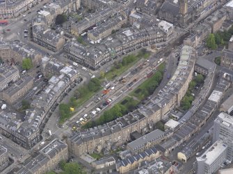 Oblique aerial view of the Edinburgh Tram Works on Shandwick Place, taken from the S.