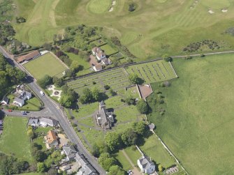 Oblique aerial view of Aberlady Parish Church, taken from the E.