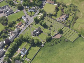 Oblique aerial view of Aberlady Parish Church, taken from the NE.