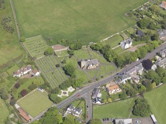 Oblique aerial view of Aberlady Parish Church, taken from the W.