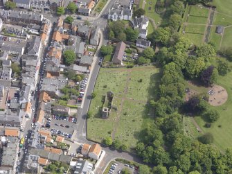 Oblique aerial view of North Berwick Old Parish Church, taken from the W.