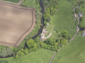 Oblique aerial view of Hailes Castle, taken from the SSW.