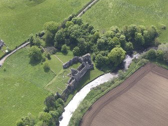 Oblique aerial view of Hailes Castle, taken from the NE.