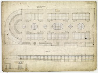Drawing showing roof plan, south elevation and details of columns of the Fruit and Vegetable Market, Edinburgh.   
Inscribed: 'Edinburgh Fruit and Vegetable Market. City Chambers Edinburgh March 1878, No 3'.
Signed on reverse: Robert Wilson, William Kay, Robert Shillingham, John Muir and James Caldwell, dated 14 August 1875