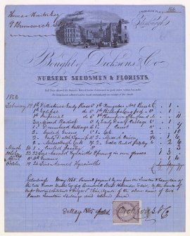 Illustrated receipt for Dicksons & Co, nursery seedsmen and florists with engraving showing 1 Waterloo Place, Edinburgh; an inland revenue one penny stamp and list of purchases for Thomas Hunter 1863-1865. 
Inscribed: 'Thomas Hunter Esq, 9 Brunswick Street;  Edinburgh May 1865.  Received payment by us from the Trustees & Executors of the Late Thomas Hunter Esq of 9 Brunswick Street Hillside, Edinr...of the above sum of two Pounds Seventeen Shilings and Eleven pence.'