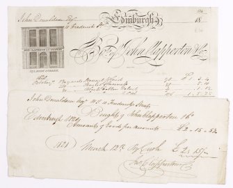 Illustrated receipt with engraving showing shop front of John Clapperton & Co Drap, 371 High Street, Edinburgh.
Receipt for John Donaldson, Esq, 10 Fredrick Street.