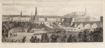 Engraving showing  general view of Edinburgh, including Royal Institution, Glasgow Rail, St Andrew's Church, Scott Monument, North Bridge, North British Rail and Calton Hill.    
Inscribed: 'EDINBURGH FROM THE BANK OF SCOTLAND'. 'Pubd at the Edinr. Bible Warehouse. Wm. Weddell, 32 Leith St.'