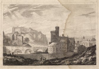 Engraving showing general view of Edinburgh Castle, North Bridge and CaltonJail from East.
Inscribed: 'Drawn by J. Ewbank  Engraved by W.H. Lizars.