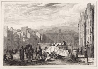 Engraving showing traders in the Grassmarket, Edinburgh.
Inscribed: 'Drawn by J Ewbank, Engraved by W H Lizars'.