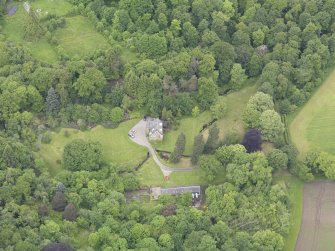 Oblique aerial view of Keltie Castle, taken from the ESE.