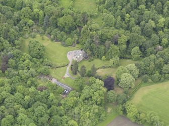 Oblique aerial view of Keltie Castle, taken from the ENE.