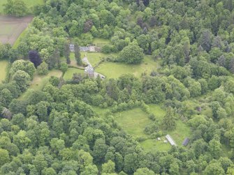 Oblique aerial view of Keltie Castle, taken from the WNW.